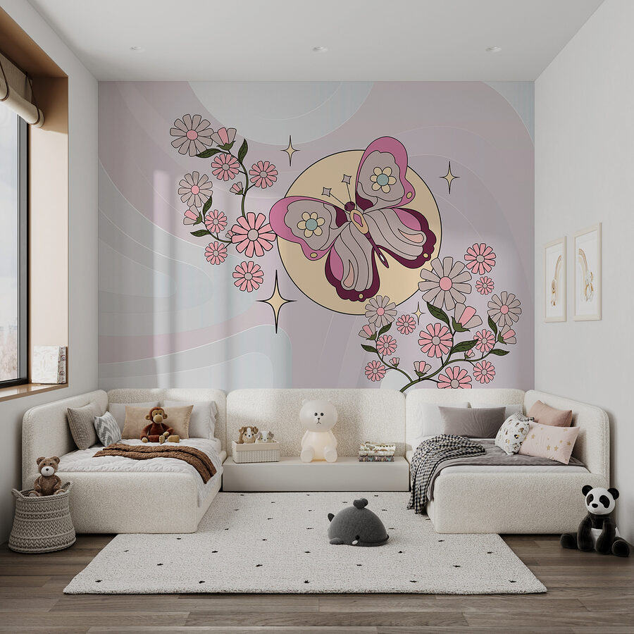 Borboleta e flores num fundo branco