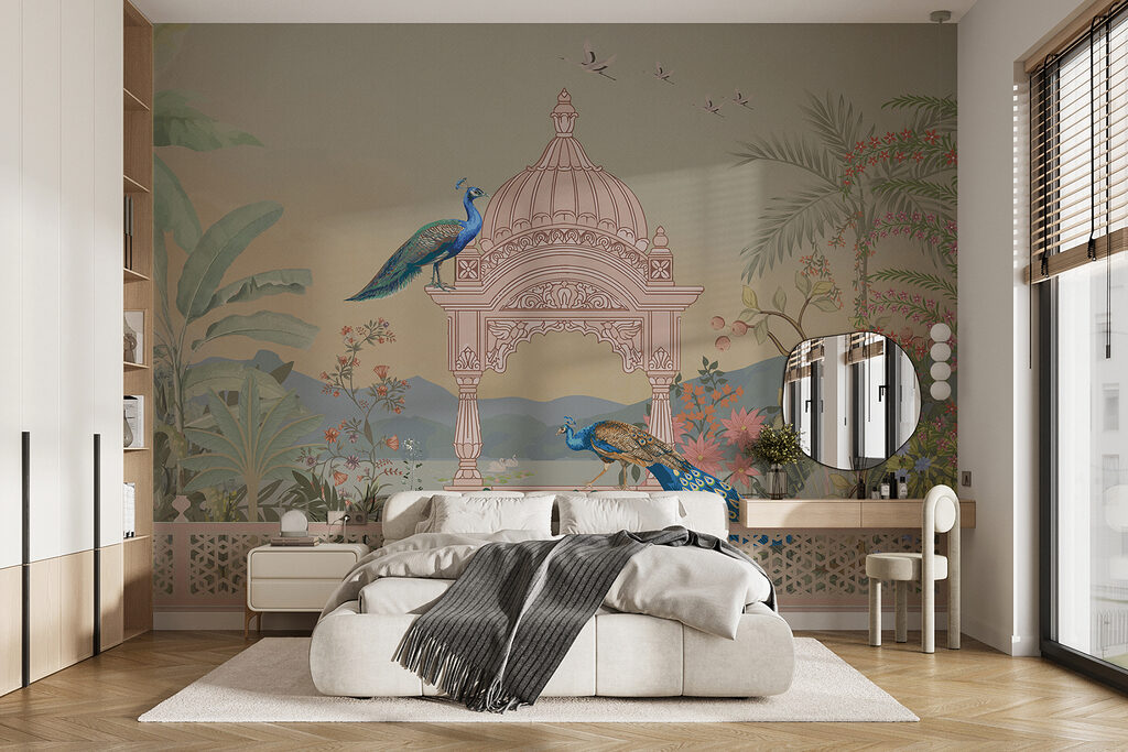 Mural of a building with a roof and birds Mural of a building with a roof and birds