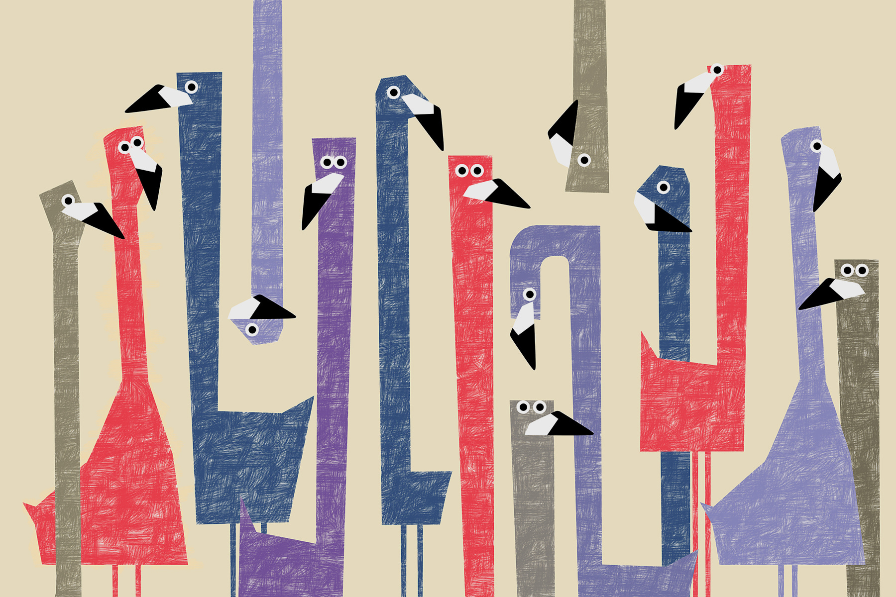 Group of birds with different colored shapes