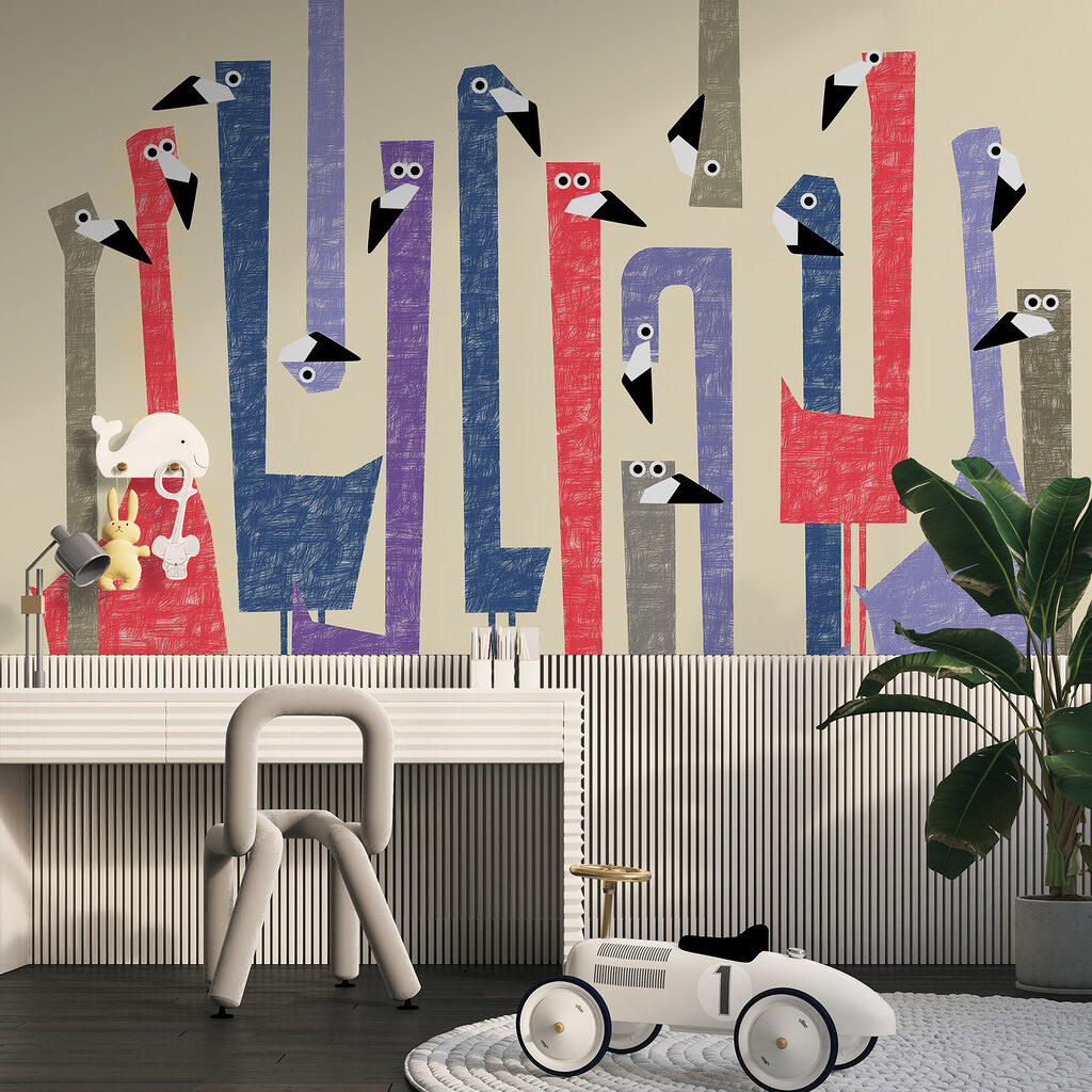 Group of birds with different colored shapes