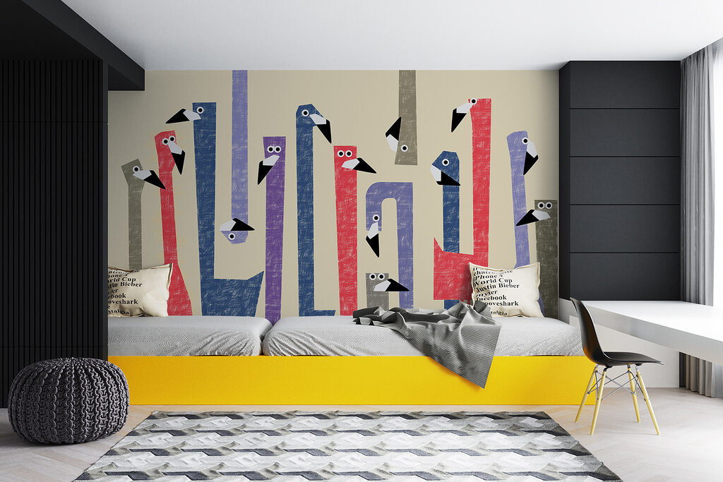 Group of birds with different colored shapes