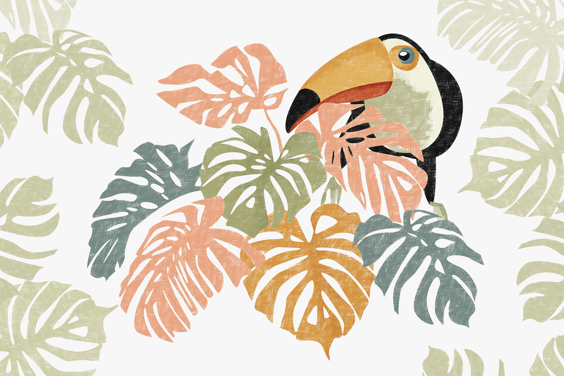 Bird with a large beak and colorful leaves Bird with a large beak and colorful leaves