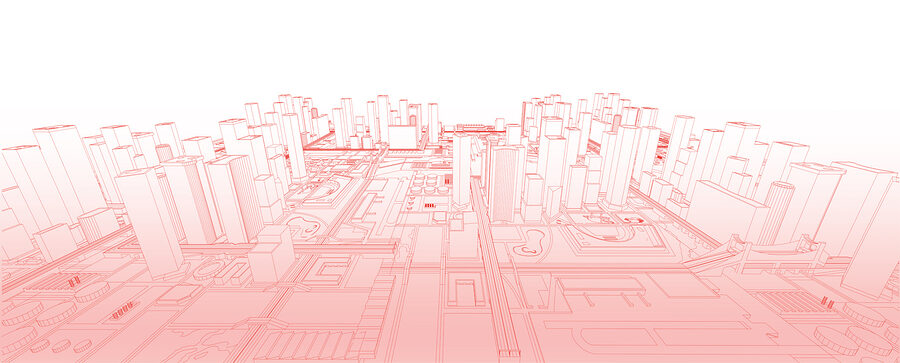 Desenho de uma linha vermelha de uma cidade