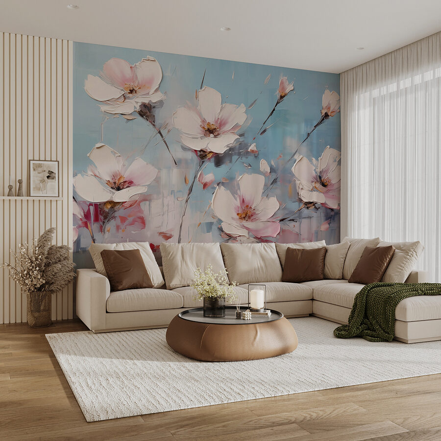 Pintura de flores sobre um fundo azul