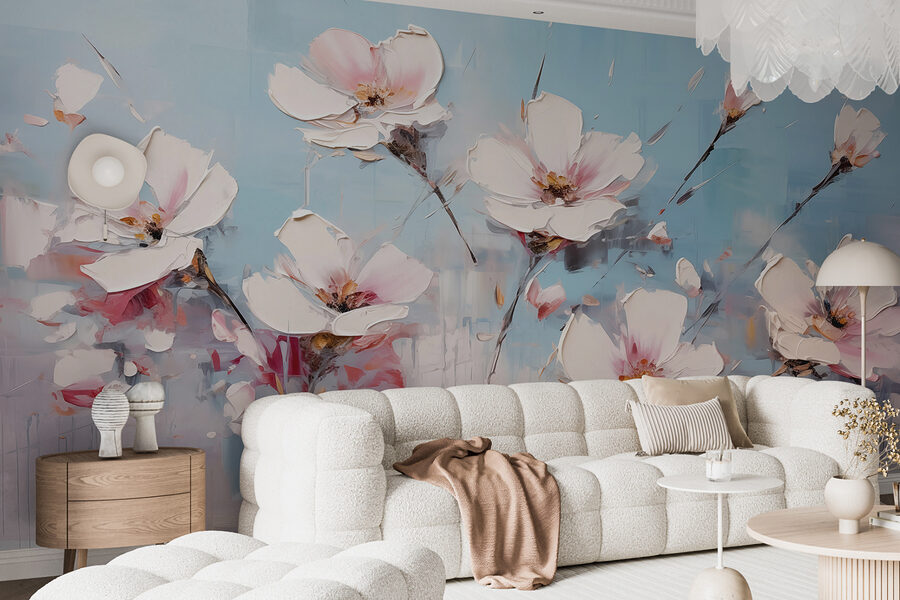 Pintura de flores sobre um fundo azul