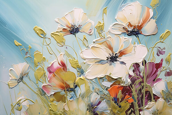 Pintura de flores sobre um fundo azul Pintura de flores sobre um fundo azul