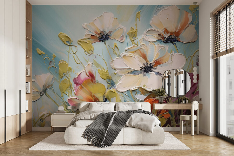 Pintura de flores sobre um fundo azul
