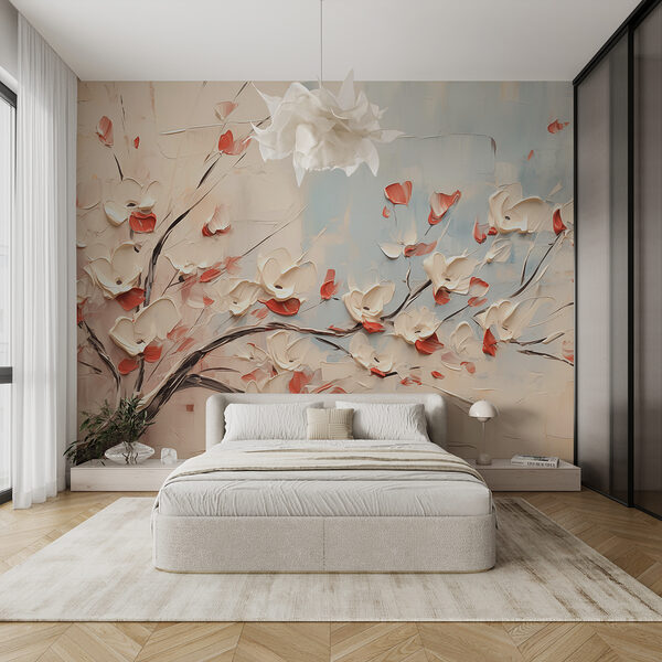 Papel de parede Pintura de uma árvore com flores brancas (REF: w01048) Papel de parede Papel de parede Pintura de uma árvore com flores brancas (REF: w01048)