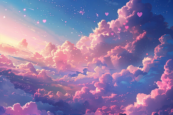 Céu colorido com nuvens e corações Céu colorido com nuvens e corações