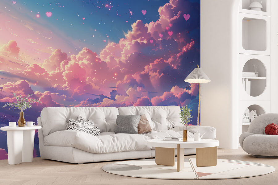 Céu colorido com nuvens e corações