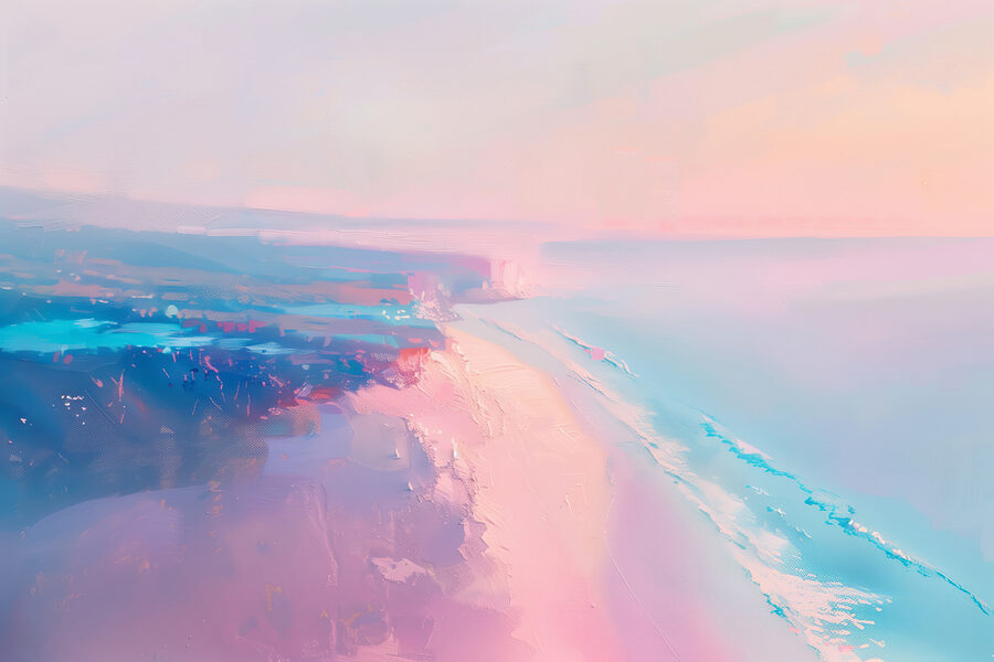 Praia com um céu cor-de-rosa e azul Praia com um céu cor-de-rosa e azul