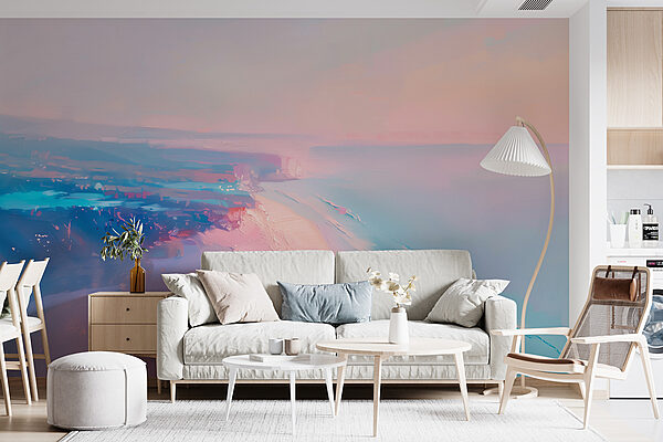 Praia com um céu cor-de-rosa e azul Praia com um céu cor-de-rosa e azul