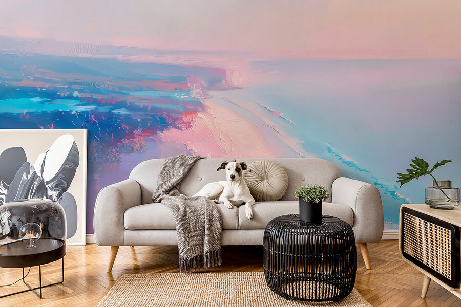 Praia com um céu cor-de-rosa e azul Praia com um céu cor-de-rosa e azul