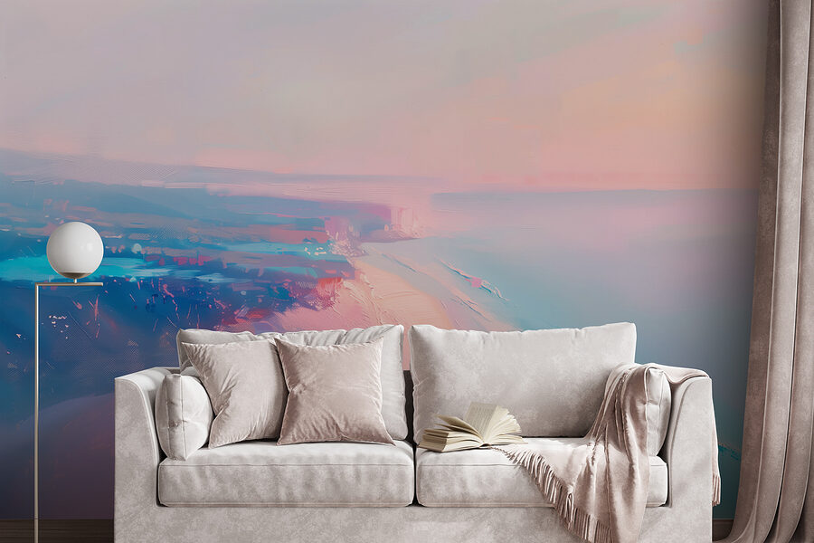 Praia com um céu cor-de-rosa e azul Praia com um céu cor-de-rosa e azul