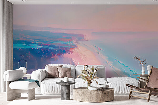 Praia com um céu cor-de-rosa e azul Praia com um céu cor-de-rosa e azul