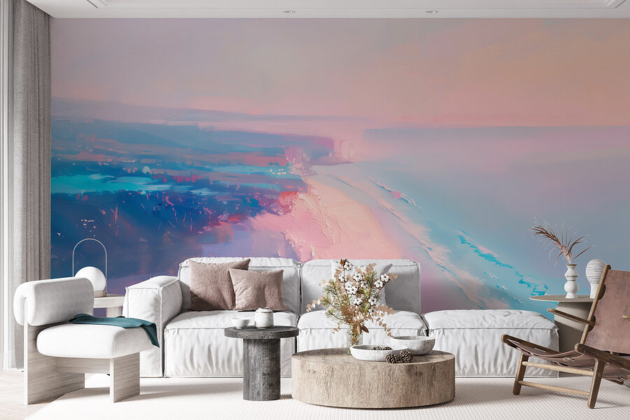 Praia com um céu cor-de-rosa e azul Praia com um céu cor-de-rosa e azul