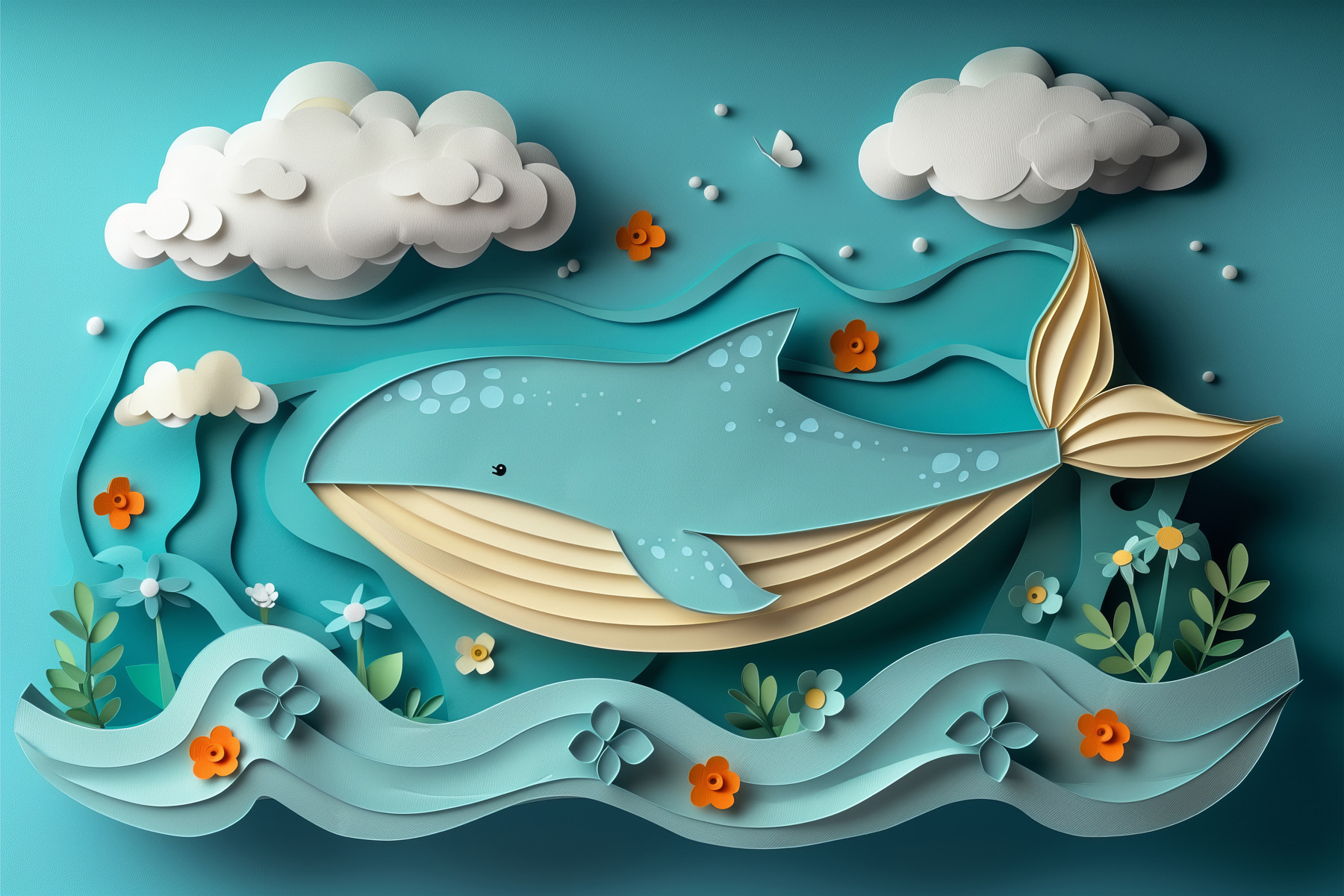 Paper cut whale in the ocean Paper cut whale in the ocean