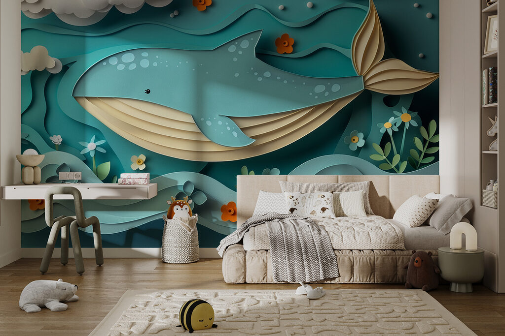 Paper cut whale in the ocean Paper cut whale in the ocean