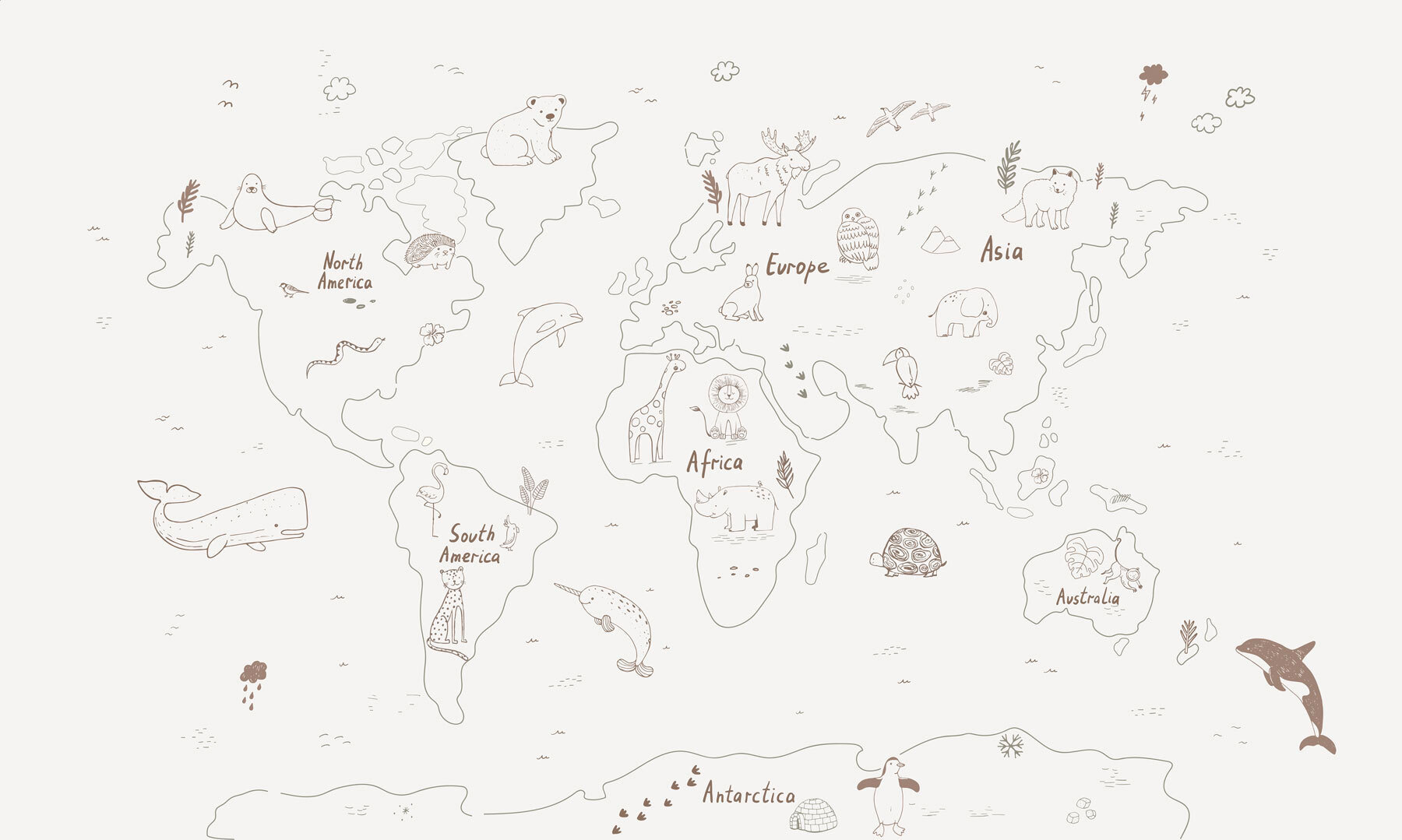 Map of the world with animals Map of the world with animals