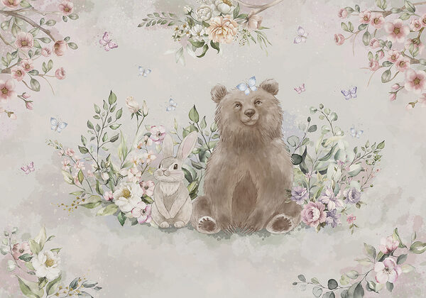 Urso e coelho com flores Urso e coelho com flores