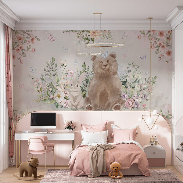 Urso e coelho com flores Urso e coelho com flores