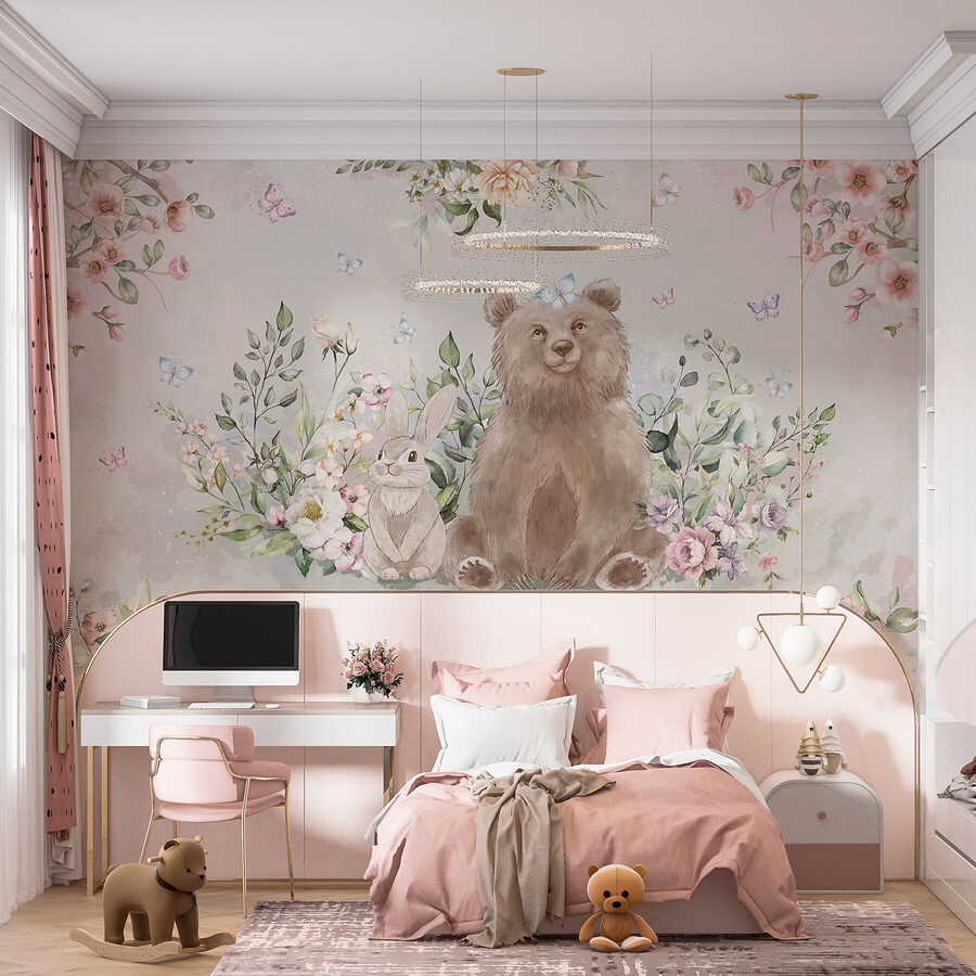 Urso e coelho com flores