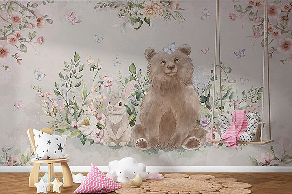 Urso e coelho com flores Urso e coelho com flores