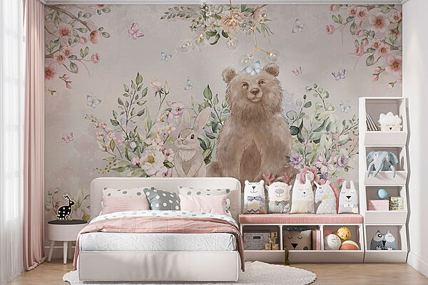 Urso e coelho com flores Urso e coelho com flores