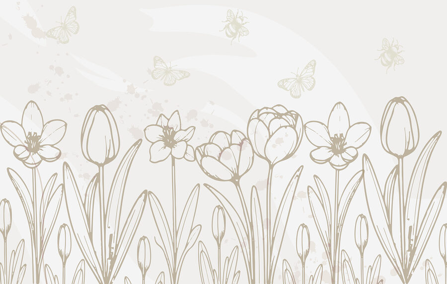 Desenho de linhas de flores e borboletas