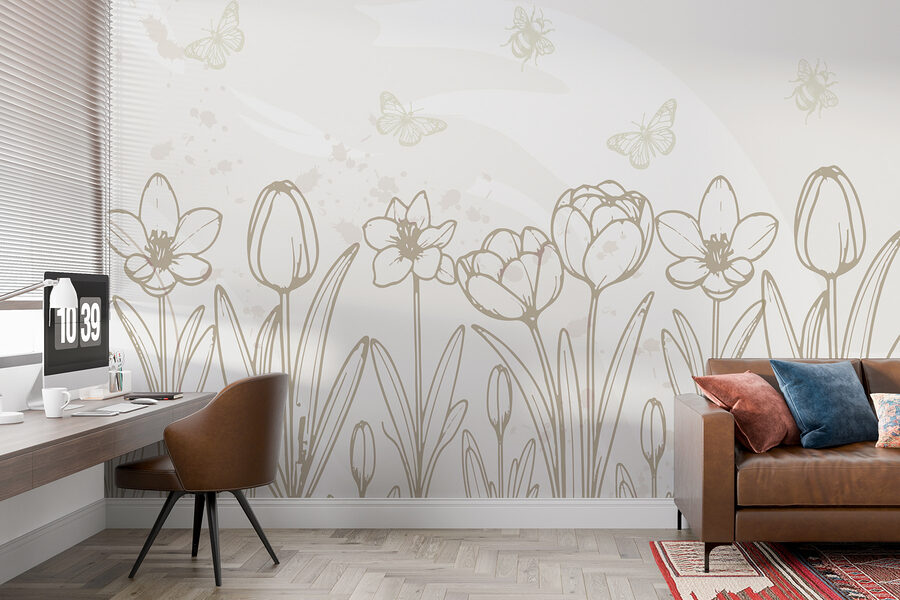 Desenho de linhas de flores e borboletas