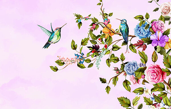 Pintura de pássaros num ramo com flores Pintura de pássaros num ramo com flores