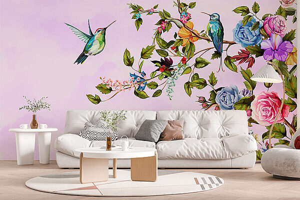 Pintura de pássaros num ramo com flores Pintura de pássaros num ramo com flores