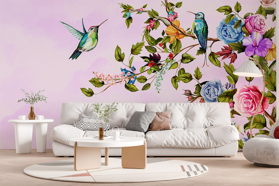 Papel de parede Pintura de pássaros num ramo com flores