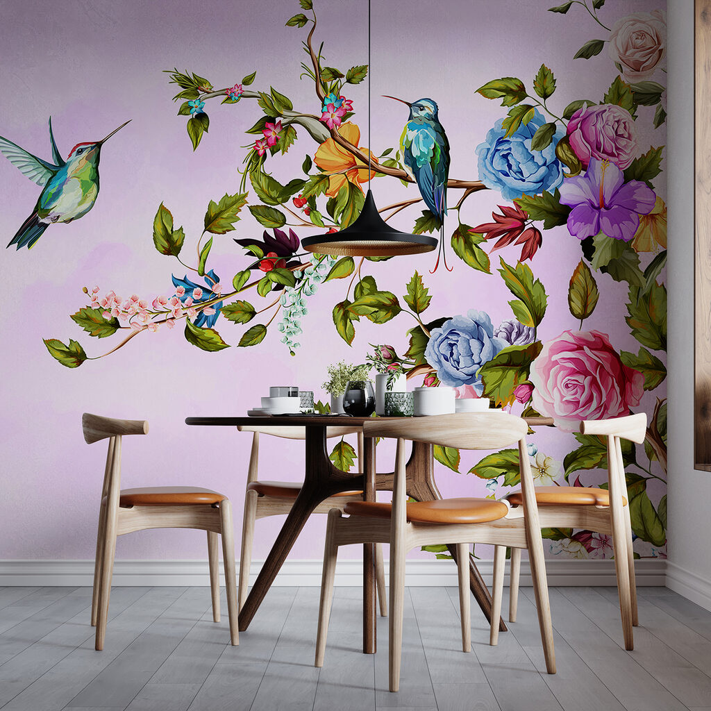 Painting of birds on a branch with flowers Painting of birds on a branch with flowers