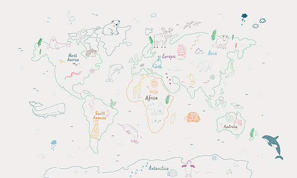 Mapa do mundo com animais e texto Mapa do mundo com animais e texto