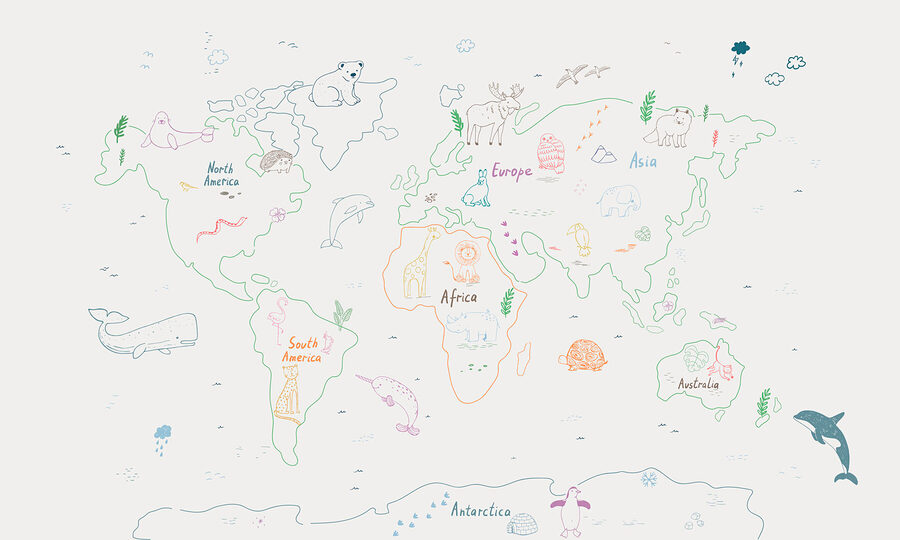 Mapa do mundo com animais e texto