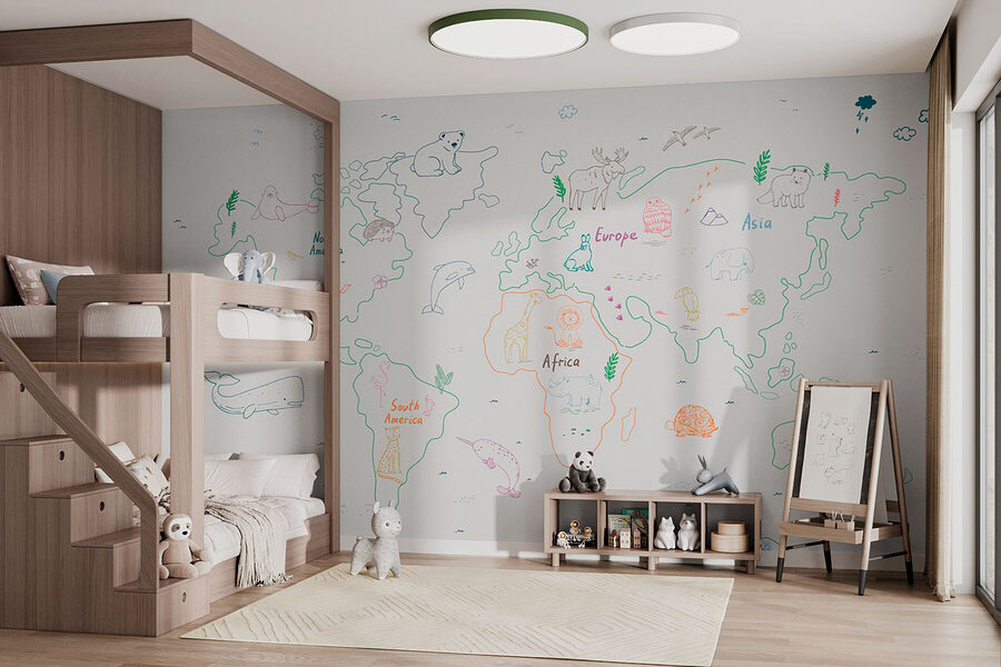 Mapa do mundo com animais e texto
