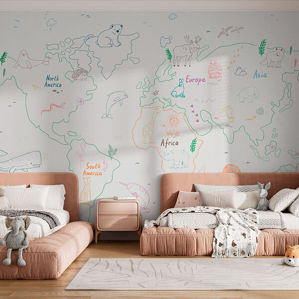 Mapa do mundo com animais e texto Mapa do mundo com animais e texto