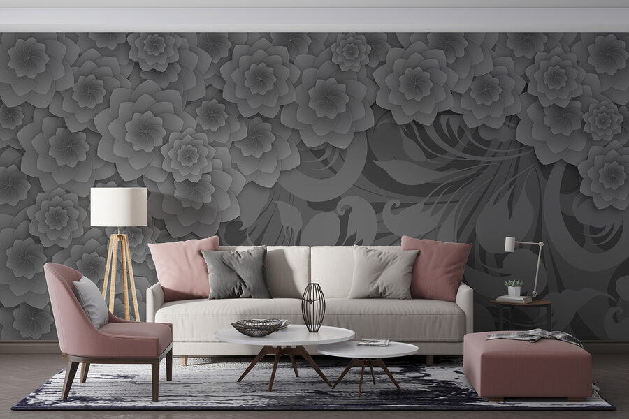 Desenho floral cinzento e branco