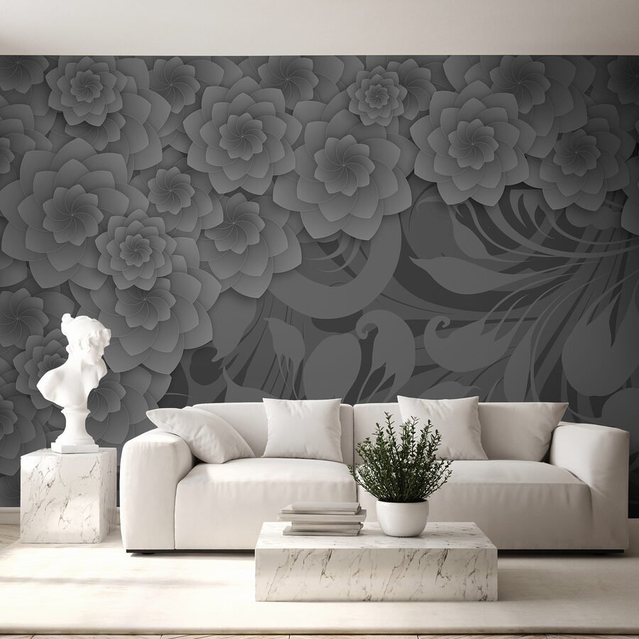 Desenho floral cinzento e branco