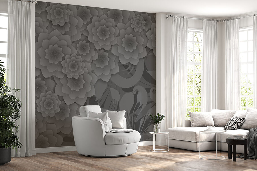 Desenho floral cinzento e branco