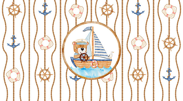 Pintura a aguarela de um urso num barco Pintura a aguarela de um urso num barco