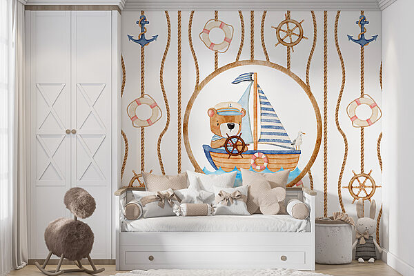 Pintura a aguarela de um urso num barco Pintura a aguarela de um urso num barco