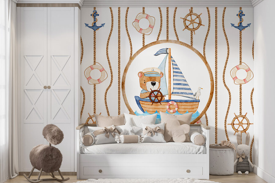 Papel de parede Pintura a aguarela de um urso num barco
