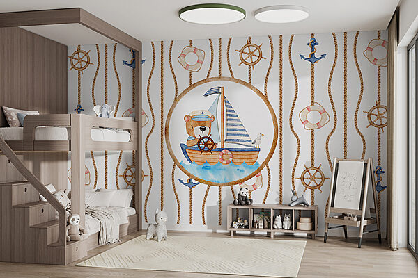 Pintura a aguarela de um urso num barco Pintura a aguarela de um urso num barco