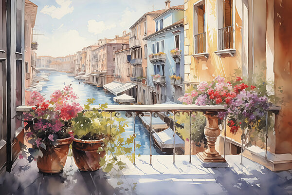 Pintura a aguarela de um rio com uma fila de edifícios e flores numa varanda Pintura a aguarela de um rio com uma fila de edifícios e flores numa varanda