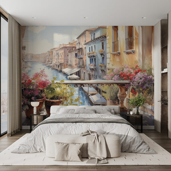 Pintura a aguarela de um rio com uma fila de edifícios e flores numa varanda Pintura a aguarela de um rio com uma fila de edifícios e flores numa varanda