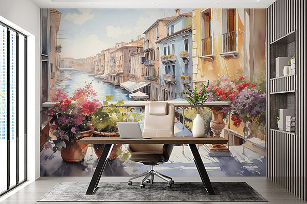 Pintura a aguarela de um rio com uma fila de edifícios e flores numa varanda Pintura a aguarela de um rio com uma fila de edifícios e flores numa varanda