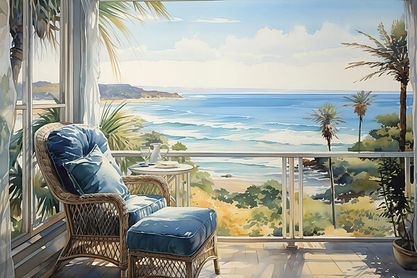 Pintura em aguarela de uma cadeira e uma mesa numa varanda com vista para uma praia Pintura em aguarela de uma cadeira e uma mesa numa varanda com vista para uma praia