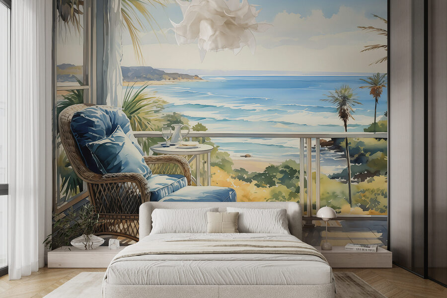 Pintura em aguarela de uma cadeira e uma mesa numa varanda com vista para uma praia